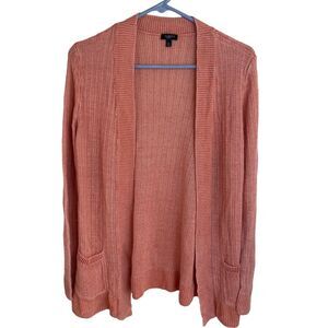 Talbots Sweater Womens Medium Petite Peach Pink Cardigan 100% Linen MP Knit Open